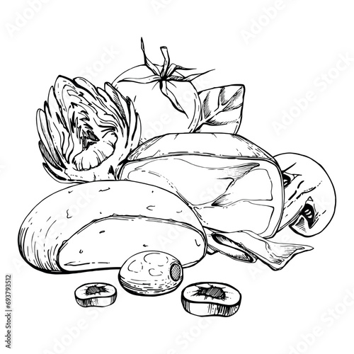 Hand drawn vector ink illustration. Fresh products assortment, ham cheese vegetables mushroom herbs. Composition isolated on white. Design restaurant, menu, cafe, food shop or package, flyer, print.