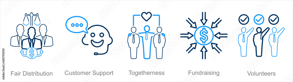 Fototapeta premium A set of 5 Charity and donation icons as fair distribution, customer support, togetherness