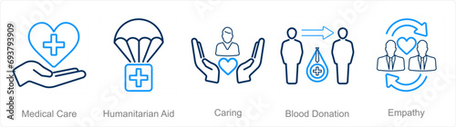 A set of 5 Charity and donation icons as medical care, humanitarian aid, caring
