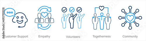 A set of 5 Charity and donation icons as customer support, empathy, volunteers