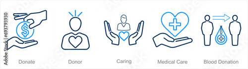A set of 5 Charity and donation icons as donate, donor, caring