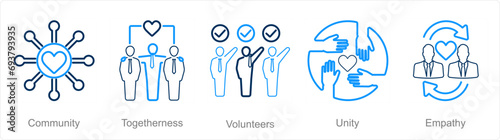 A set of 5 Charity and donation icons as community, togetherness, volunteers