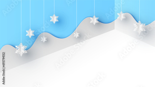 Corner room template decorated with paper cut snowflake hanging. Winter background with blank space. Paper cut and craft style. vector, illustration.