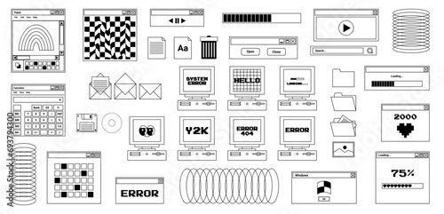 User Interface y2k stickers. Retro icon browser, buttons, screen computer, folder, file, document thumbnails, loading progress bar, notifications and more. Black, white colors. Vector illustration. photo
