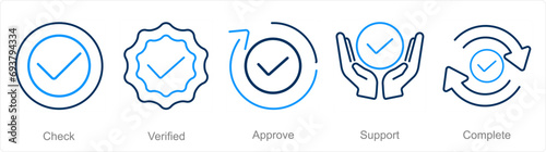 A set of 5 Checkmark icons as check, verified, approve photo