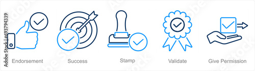 A set of 5 Checkmark icons as endorsement, success, stamp