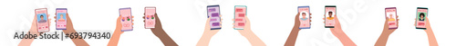 Many hands holding mobile phones with open pages of online dating application on white background