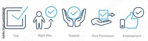 A set of 5 Checkmark icons as tick, right way, support