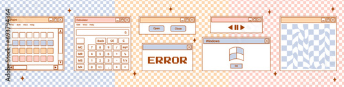 User Interface y2k stickers. Retro set icon browser, buttons, playlist, calculator, notifications and more. Nostalgia pc elements and operating system. Delicate pastels vector illustration.