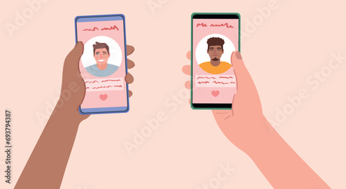Hands holding mobile phones with open pages of online dating application on pink background