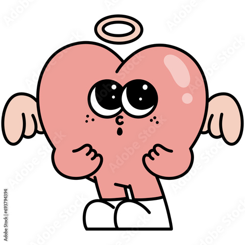 pink heart angel groovy retro vintage Happy valentine's day doodle y2k hippie mascot cartoon 