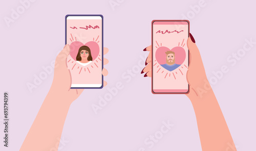 Hands holding mobile phones with open pages of online dating application on lilac background