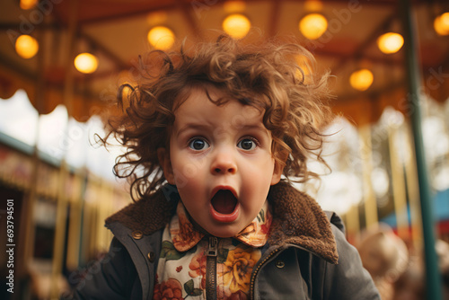 Portrait of shocked child in amusement park, small shaggy girl with surprise emotion looking at camera against background of carousel