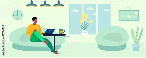 Man sitting in a chair, relaxing, laptop, vector illustration