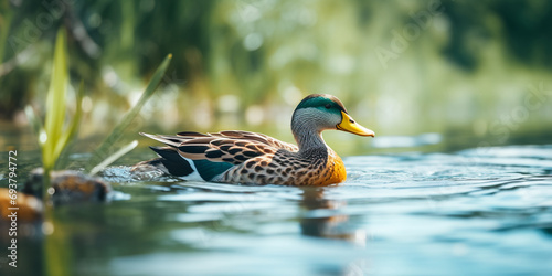 Close-up of a mallard or wild duck ,Mallard Duckling, a single female bufflehead duck swimming to the left on the water with ripples,Cute duck on the river with bokeh background the duck are swimming  photo