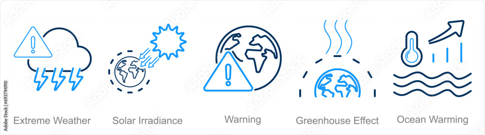 A set of 5 climate change icons as extreme weather, solar irradiance, warning A set of 5 climate change icons as extreme weather, solar irradiance, warning
