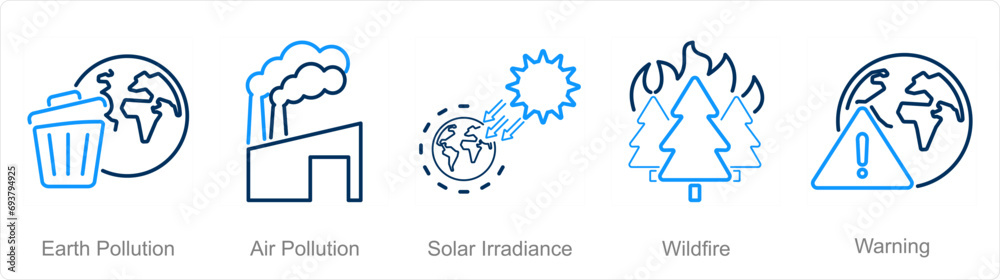 A set of 5 climate change icons as earth pollution, air pollution, solar irradiance A set of 5 climate change icons as earth pollution, air pollution, solar irradiance