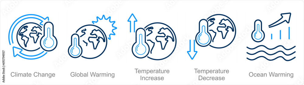 A set of 5 climate change icons as climate change, global warming, temperature increase - obrazy, fototapety, plakaty 