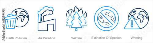 A set of 5 climate change icons as earth pollution, wildfire, extinction of species