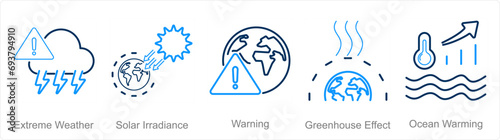 A set of 5 climate change icons as extreme weather, solar irradiance, warning
