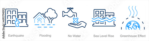 A set of 5 climate change icons as earthquake, flooding, no water