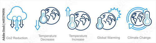 A set of 5 climate change icons as co2 reduction, temperature decrease, temperature increase