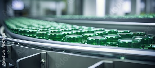 Pharmaceutical factory's medicine production line: green capsules on a metal conveyor, sorted and prepared for packaging.