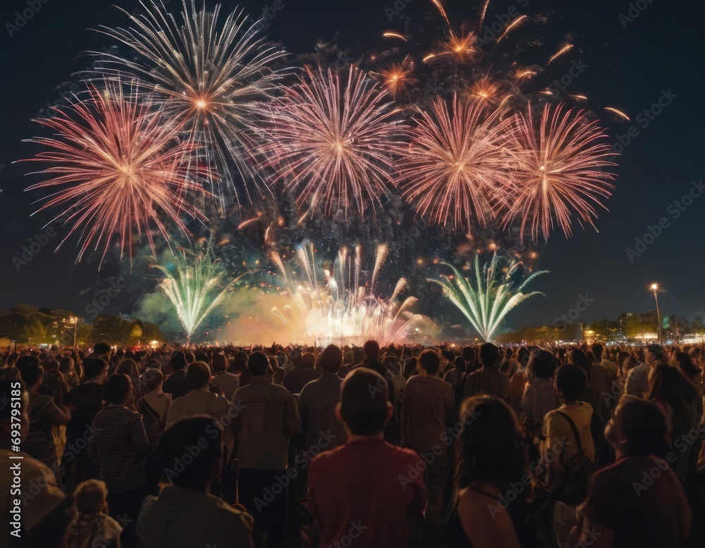 Obraz premium Crowd watching fireworks, a lot of people watch New Year Celebra