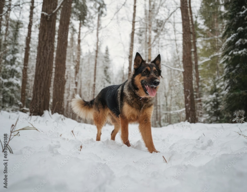 A playful dog frolicking in the forest in the snow, front view,,