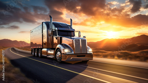 A semi-truck with a cargo trailer drives along the highway, transporting cargo in the evening. Delivery and logistics concept. Transportation of goods over long distances. photo