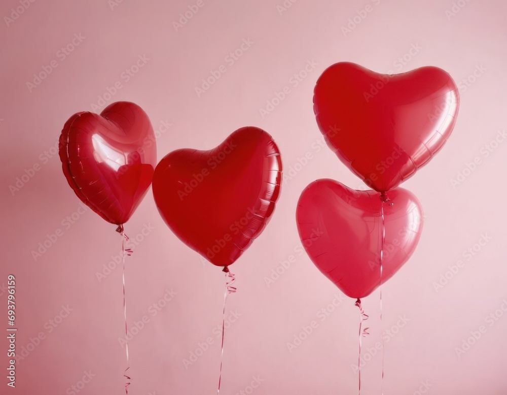 Pink and red balloons with hearts on pink background. Valentines