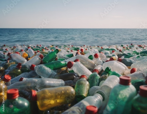 Plastic water bottles pollution on ocean shore