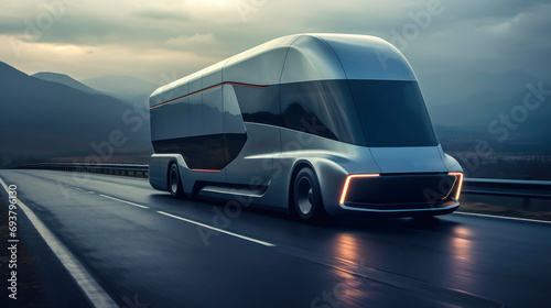 Futuristic semi-trailer on the highway, highway. sunrise or sunset. The electric truck carries out international cargo transportation. Deserted highway with a truck. © Anoo