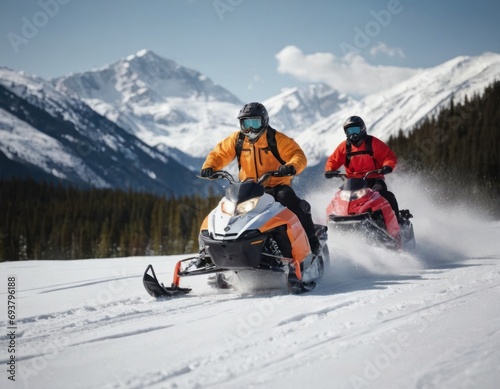 Rescuers riding snowmobile at snow capped landscape on a high sp