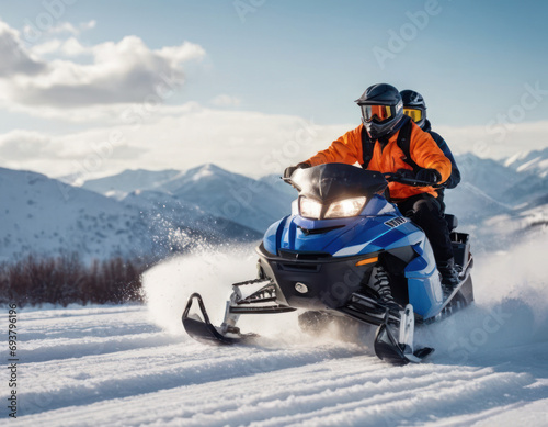 Rescuers riding snowmobile at snow capped landscape on a high sp