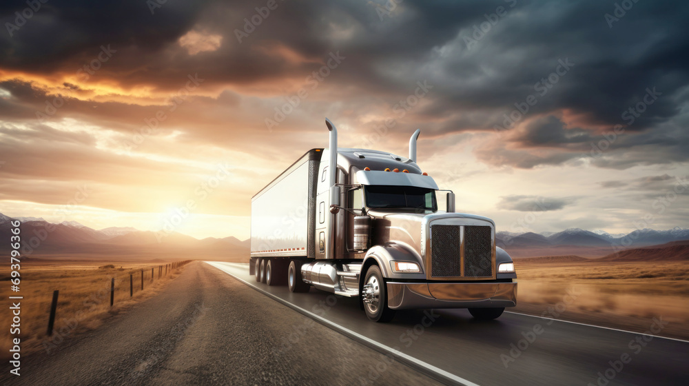 semi-trailer on the highway, highway. sunrise or sunset. The vehicle carries out international cargo transportation. Deserted highway with a truck.