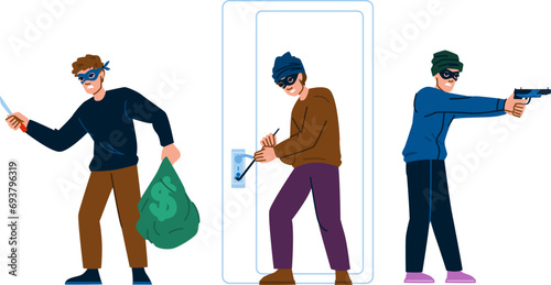 mask robber vector. robbery burglar, crime bandit, criminal theft mask robber character. people flat cartoon illustration