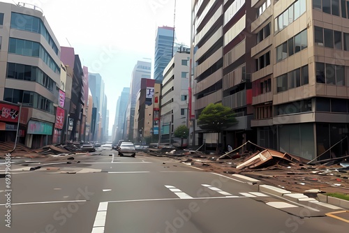 大震災後の都会風景と崩壊する都市