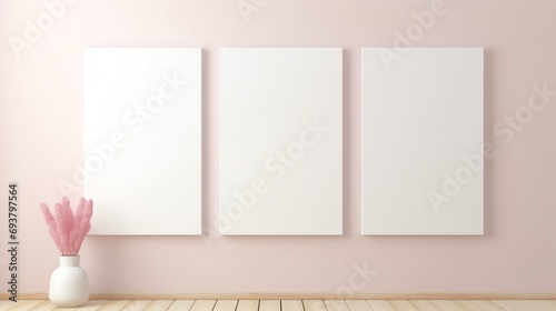 a three white rectangular objects on a pink wall