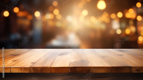 a wooden table with lights in the background