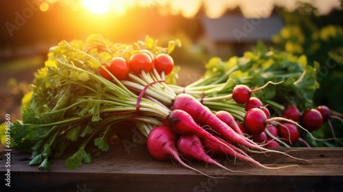 Fresh vegetables, peas, radish, tomato, carrot, beetroot on ground on farm at sunset. Generative AI