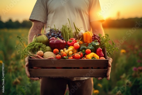 Human holding wooden box of different vegetables on field in sunset. Generative AI