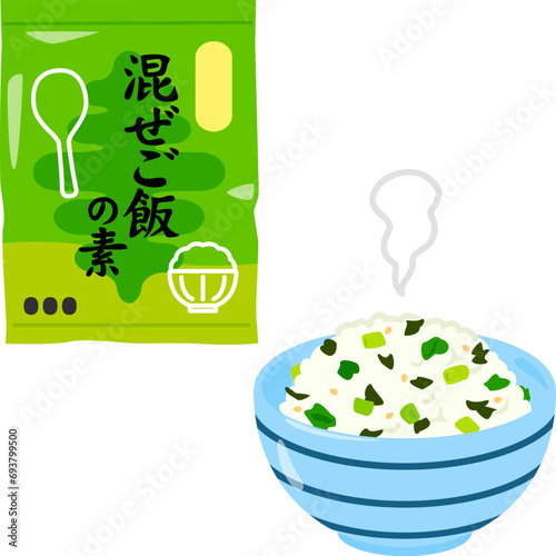 混ぜご飯の素と茶碗に盛った混ぜご飯
