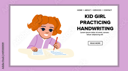 education kid girl practicing handwriting vector. school writing, kindergarten english, art book education kid girl practicing handwriting web flat cartoon illustration