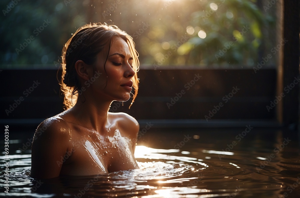 Young woman in a pond in the rays of the setting sun, relaxes