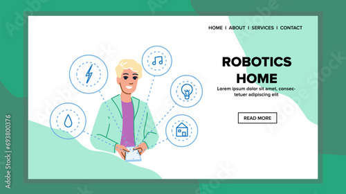 lifestyle robotics home vector. sofa device, couch future, person futuristic lifestyle robotics home web flat cartoon illustration