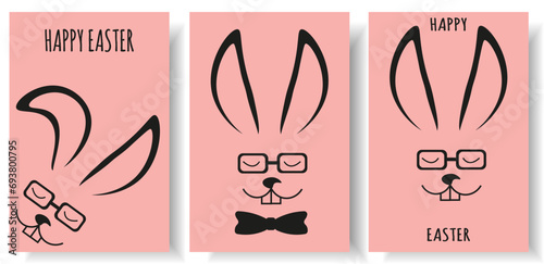 Set Easter greeting card design in trendy 2024 color. Peach fuzz Easter background collection with gentleman Bunny silhouette. Vector illustration can used web and social media print, poster and art