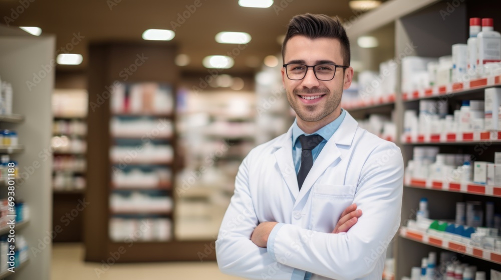A male pharmacist in a pharmacy background and copyspace.
