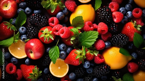 Collection of mixed fruits overhead view background. © morepiixel