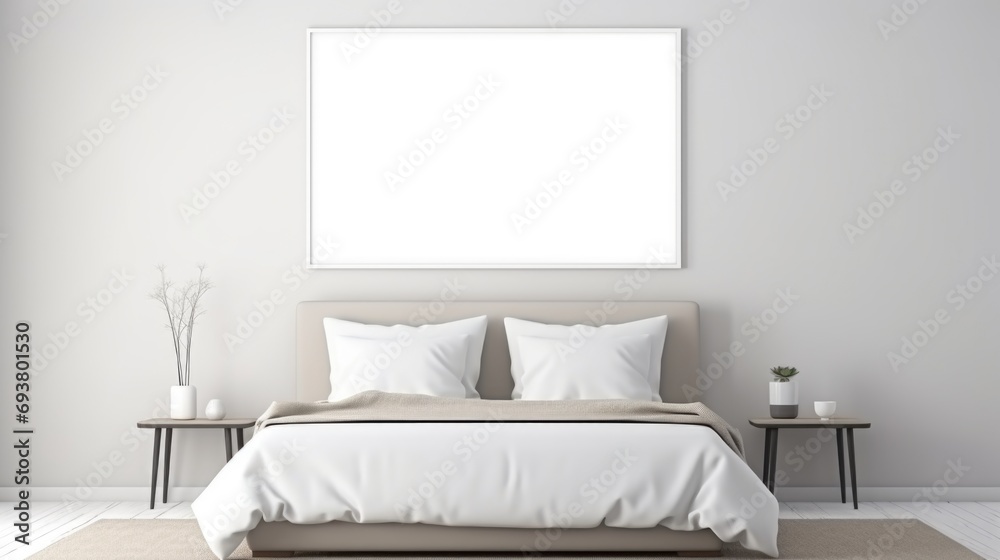 Frame mockup, simple bedroom interior background.